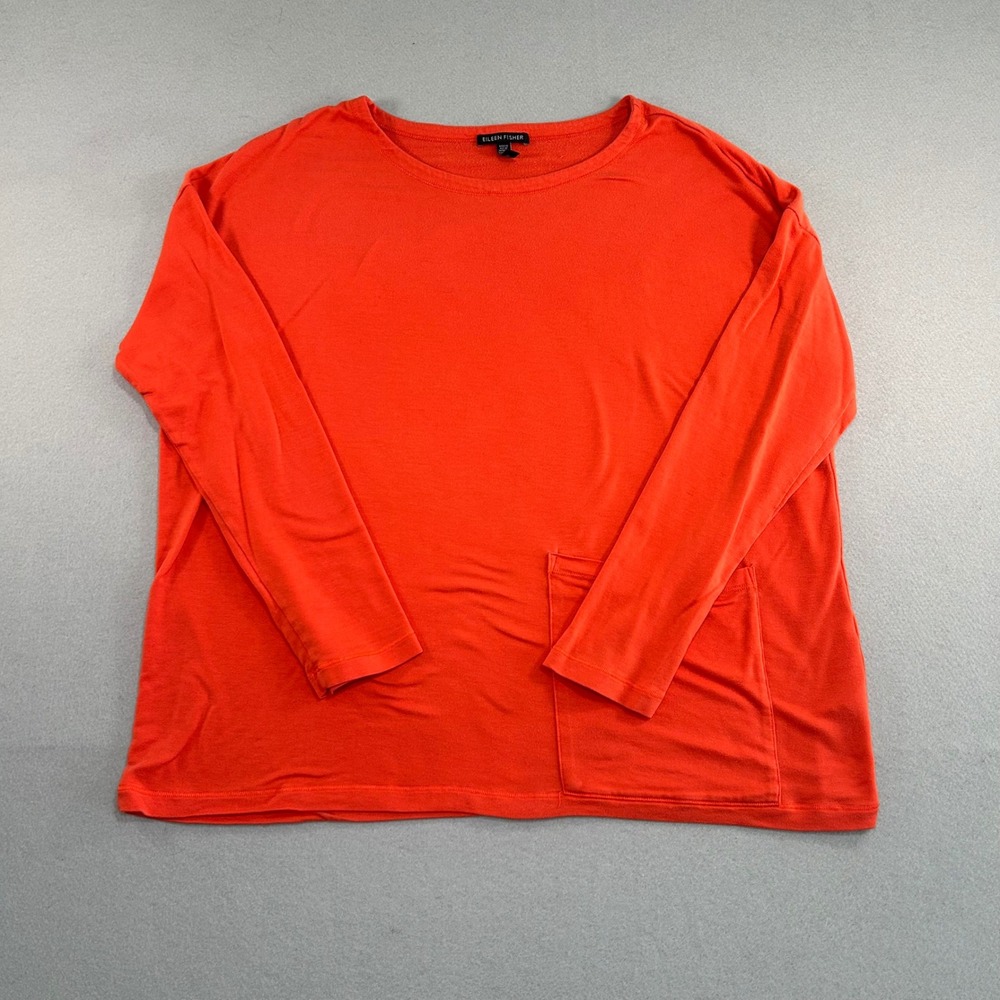 Eileen Fisher Tencel French Terry Top Womens‎ Small Red Pocket 3/4 Sleeve